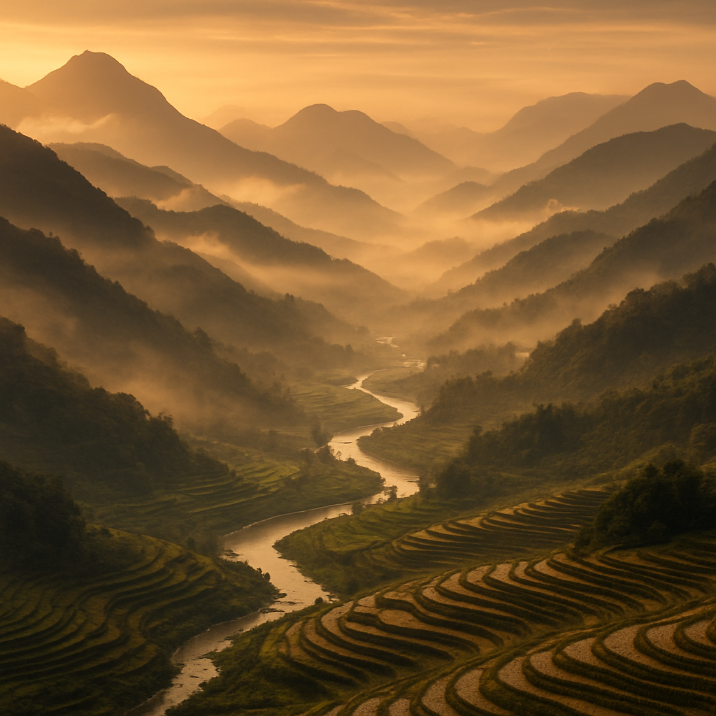 Misty layered mountains and terraced valleys of southwest China at golden hour